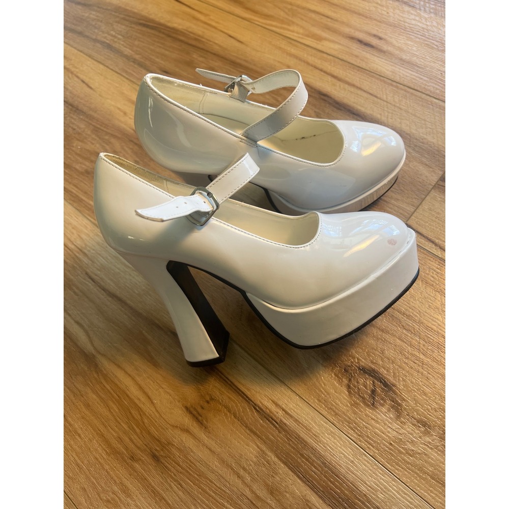 Ellie Shoes 8 Mary Jane Platform Gogo Cosplay White Patent Chunky Flared Heel